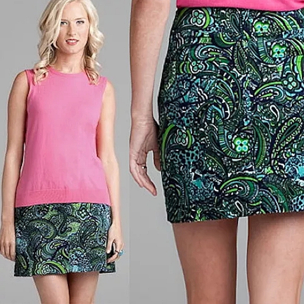 Lilly Pulitzer blue green paisley courderoy jungle mini skirt 10